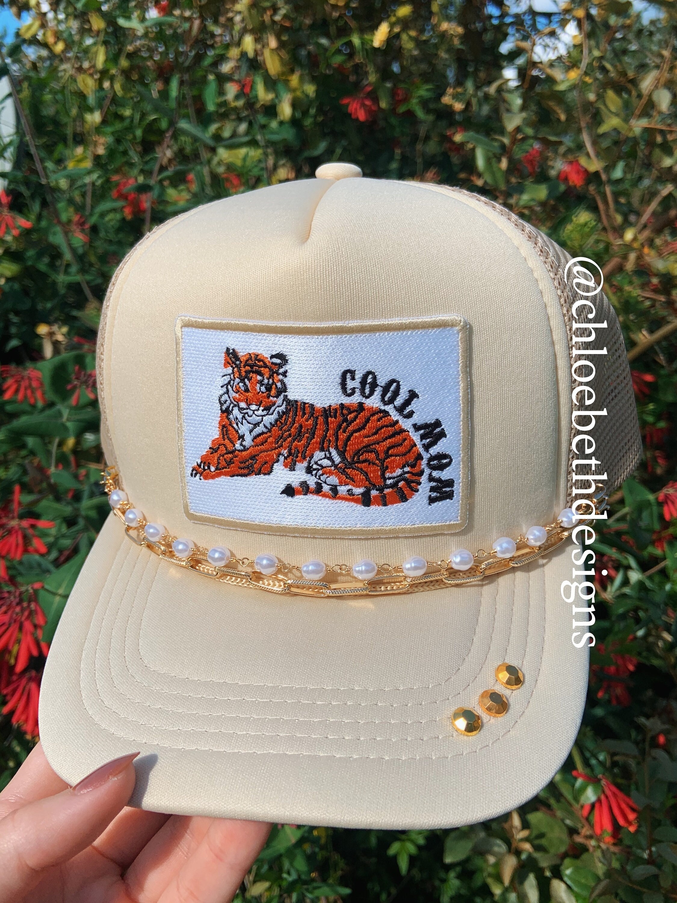 Tiger Mom Tan Hat- Cool Mom Hat Patch, Hat Chains, Pearl and