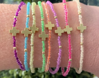 Stretchy seed bead and gold plated cross bracelets- summer bracelets, Christian jewelry, dainty bracelets