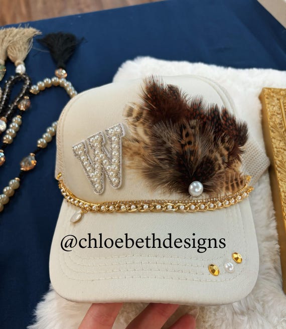 Tan and White Pearl-Embellished Hat Ivory Rhinestone & Pearl Hat - Ivory Western Hat - Bridal  main image 4