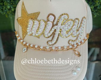 Wife wifey bride Mrs trucker hat , bling hat, tan hat, bachelorette party gifts accessories, pearl wedding ring and gold star patch, chain