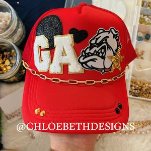 Georgia, GA, red and black game day trucker hat, bling hat, bulldog, go dawgs, hat chain, football