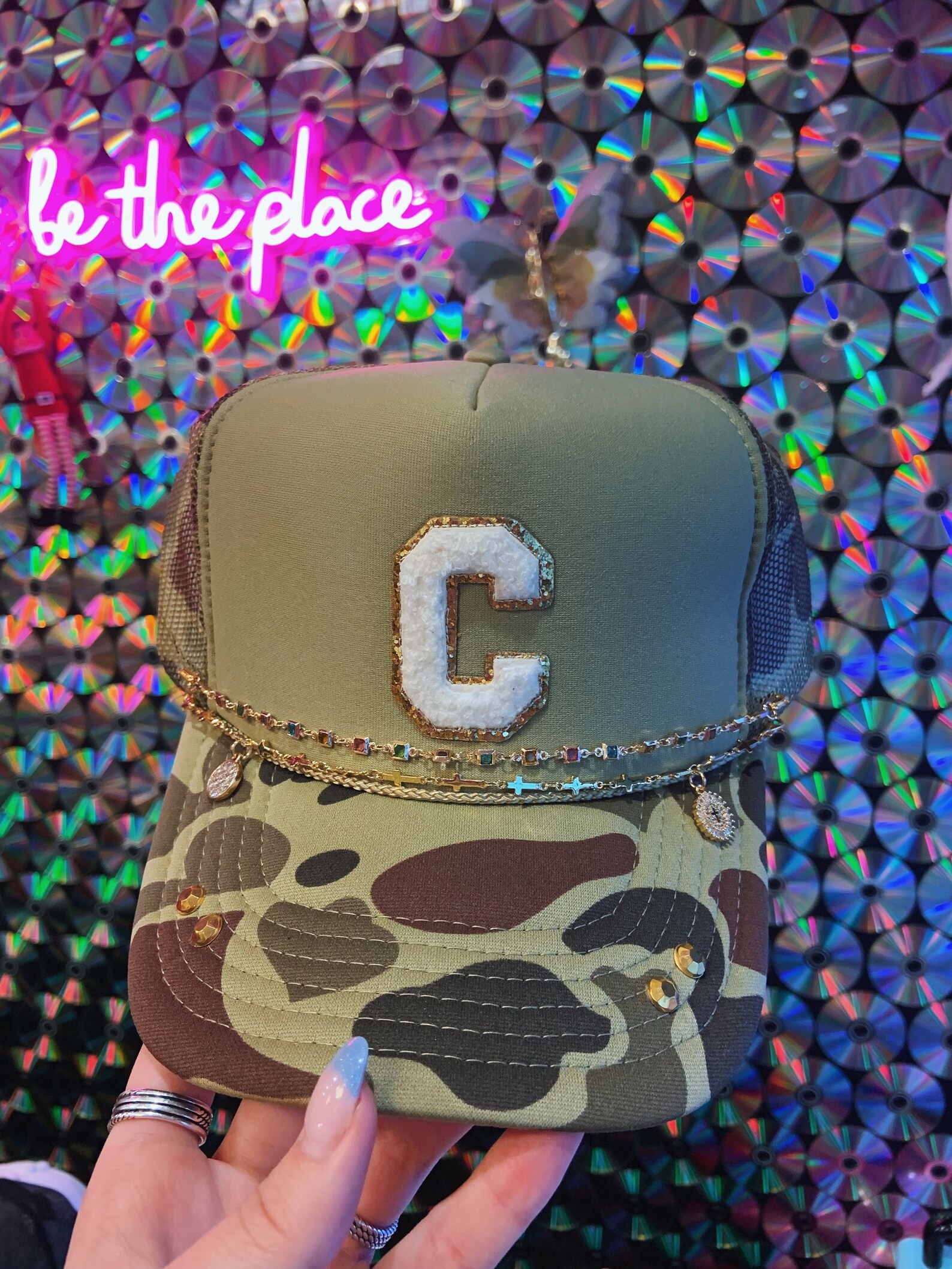 Custom Camo Bling Trucker Hat- Initial Hat, Hat Chains, Cross, Initial ...