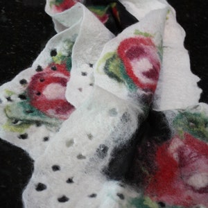 wool rose scarf, felted scarf, fiber art, wet felted, accessory, wrap, roses, silk, original artwork, wearable art, hand crafted