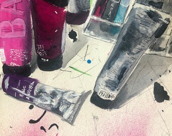 Bodegones de la mesa del artista, pintura del estudio de arte, acrílico y tinta, artista original, uno de un tipo, pequeño, obras en papel, dibujo de observación