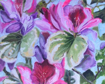 Fiore di albero di orchidea, pittura ad olio floreale, arte botanica espressiva, fiori rosa, artista originale, opere d'arte su tela, pittura da giardino primaverile