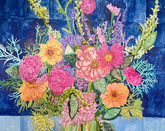 Blumenstrauß, Wildblumen, Original vom Künstler, 45,7 x 61 cm, Mischtechnik auf Papier