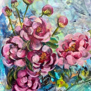 Peonías, obras de arte florales, pintura de flores, flores rosas, artista original, único en su tipo, obras sobre papel, arte de jardín, ramo floral