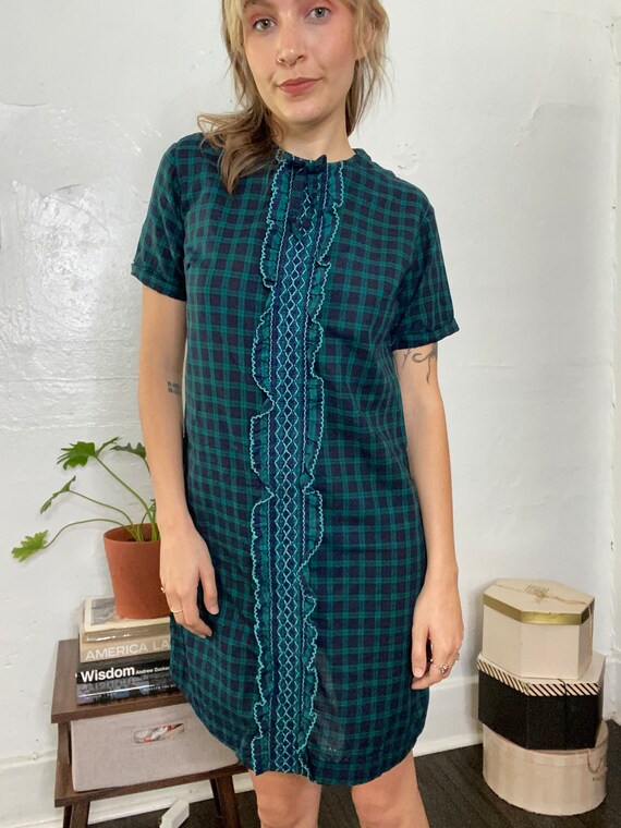 1960s Blue & Green Plaid Shift Dress / Holiday Dr… - image 3