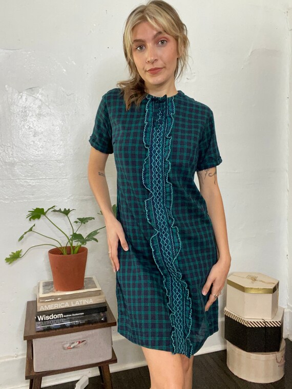 1960s Blue & Green Plaid Shift Dress / Holiday Dr… - image 6
