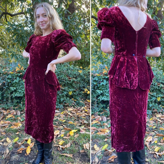 1980s does 1940s Merlot Crushed Velvet Peplum Dre… - image 1