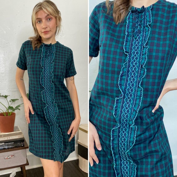 1960s Blue & Green Plaid Shift Dress / Holiday Dr… - image 1