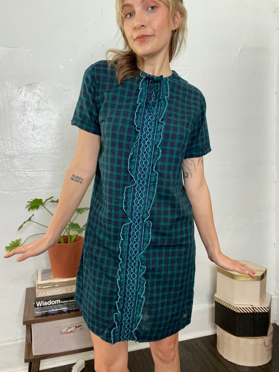 1960s Blue & Green Plaid Shift Dress / Holiday Dr… - image 2