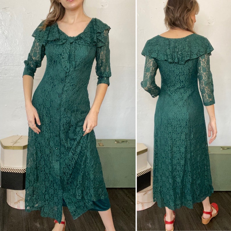 1980s Does 1930s Emerald Green Lace Dress / Holiday Dress / - Etsy