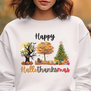 Happy Hallothanksmas Long Sleeve Tee: Holiday Trees Unisex Shirt