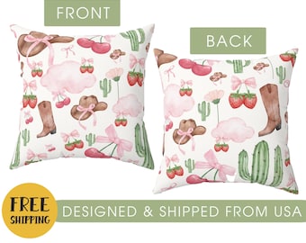 Pink Cowgirl Pillow: Watercolor Cactus, Boots, Hat - Girl's Room Decor