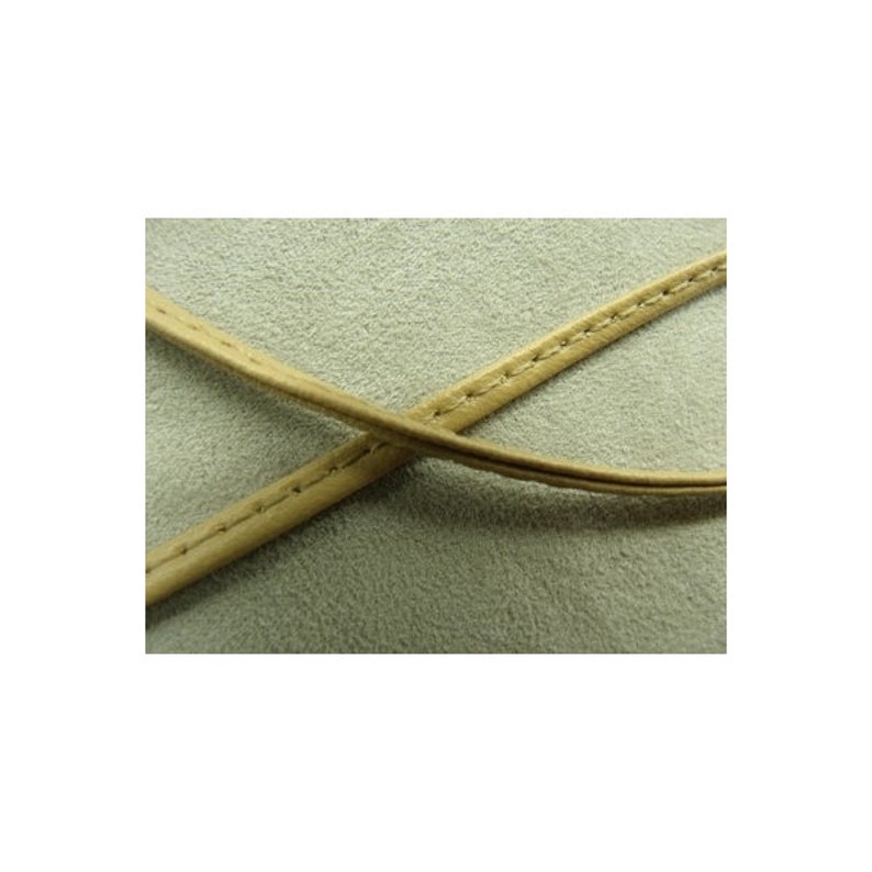 May include: Two thin, light tan leather cords crossing each other, each featuring a single line of visible stitching running along the center. The cords are set against a textured, light gray surface with a soft, matte appearance.