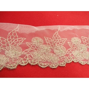Taupe lace Embroidered on Tulle, 10 cm, Made in France