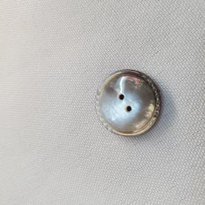 Puede incluir: Un botón redondo e iridiscente con dos agujeros. El botón tiene un borde decorativo y texturizado y un brillo nacarado. El botón está sobre un fondo de tela de color claro.