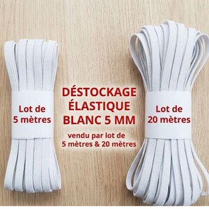K&ouml;nnte beinhalten: Zwei Rollen wei&szlig;es Gummiband, eine mit 5 Metern und eine mit 20 Metern. Der Text lautet: D&Eacute;STOCKAGE &Eacute;LASTIQUE BLANC 5 MM, vendu par lot de 5 m&egrave;tres & 20 m&egrave;tres, Lot de 5 m&egrave;tres und Lot de 20 m&egrave;tres.