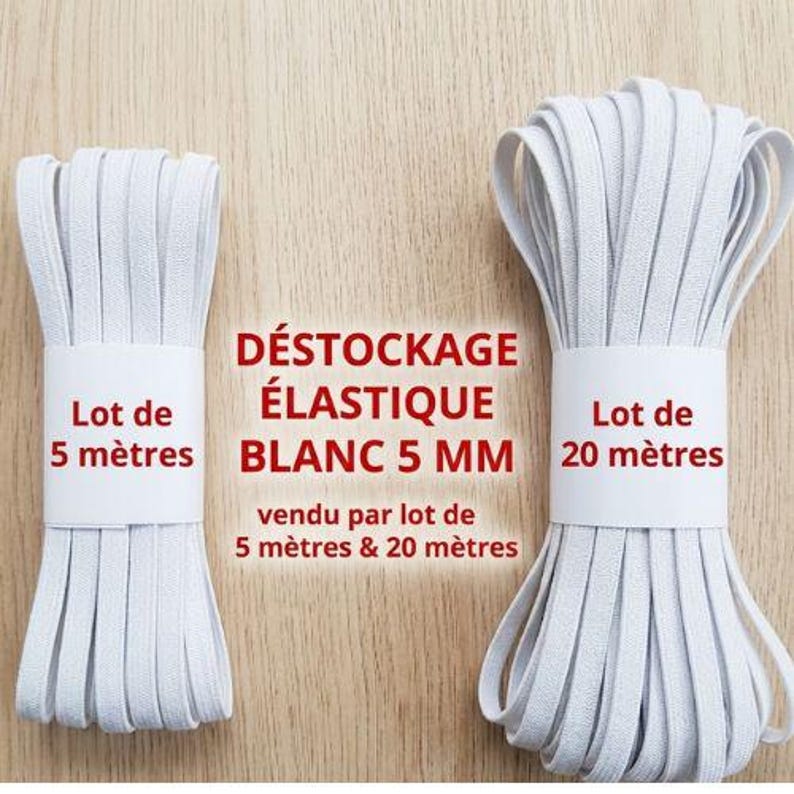 K&ouml;nnte beinhalten: Zwei Rollen wei&szlig;es Gummiband, eine mit 5 Metern und eine mit 20 Metern. Der Text lautet: D&Eacute;STOCKAGE &Eacute;LASTIQUE BLANC 5 MM, vendu par lot de 5 m&egrave;tres & 20 m&egrave;tres, Lot de 5 m&egrave;tres und Lot de 20 m&egrave;tres.