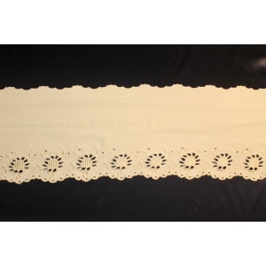 May include: A close-up of a cream-coloured lace trim with a scalloped edge and a repeating pattern of small circles.