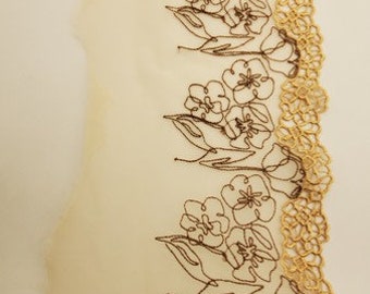 Brown and beige lace/embroidery on salmon tulle, 15 cm, Made in France