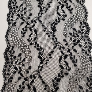 New Black Calais Lace, Silver Metal, 18 cm, Made in France