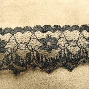 Peut inclure: Garniture en dentelle noire avec un motif floral délicat. La dentelle est faite d'un tissu en maille fine et a un bord festonné.