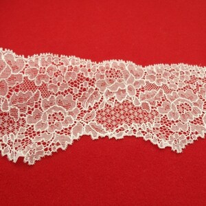 May include: White lace trim with a delicate floral pattern. The lace is soft and has a scalloped edge.