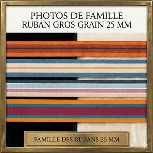 Op de afbeelding: Vier horizontale stroken van 25 mm grosgrain lint met diverse gestreepte patronen in oranje, blauw, roze en crème. De afbeelding bevat de tekst PHOTOS DE FAMILLE RUBAN GROS GRAIN 25 MM en FAMILLE DES RUBANS 25 MM in een gouden lijst.