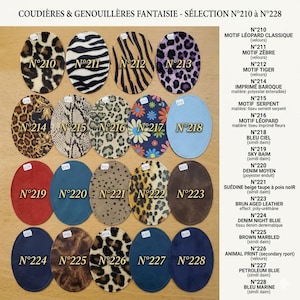 Puede incluir: Una selección de coderas y rodilleras de fantasía, con varios patrones y colores. Los diseños incluyen estampados de animales como leopardo, cebra y serpiente, junto con colores lisos y estampados florales. Las almohadillas son de forma ovalada y están hechas de diferentes materiales.