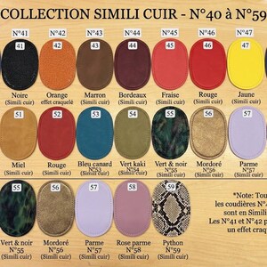 Könnte beinhalten: Eine Farbkarte mit Kunstleder-Ellbogenflicken, nummeriert von 40 bis 59, in verschiedenen Farben wie Blau, Schwarz, Orange, Braun, Bordeaux, Rot, Gelb und Grün. Der Text "COLLECTION SIMILI CUIR" steht oben.