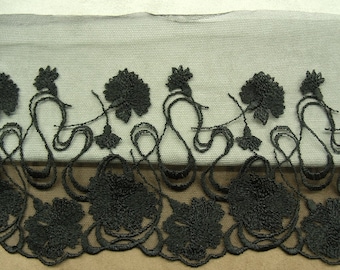 Black Calais Lace, Embroidered on Tulle, 15 cm, Made in France