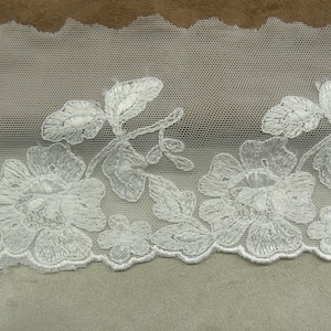 White Calais Lace, 10 cm, Embroidered on Tulle, Made in France