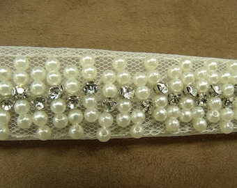 pearl ribbon and silver rhinestones, embroidered on veil, perfect for customizing clothing, necklace, hat, jewelry