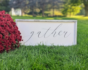 Gather Wood Sign | Farmhouse Family & Dining Room Decor | Gather Decor | Framed Gather Sign | Thanksgiving Decor