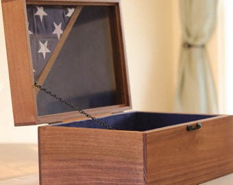 LARGE Military Shadow box in a locked wooden chest *comes with flag*, Gifts for Veterans