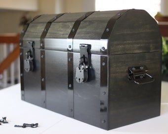 Metal Wrapped Wooden Pirate Treasure Chest with Secret Compartments