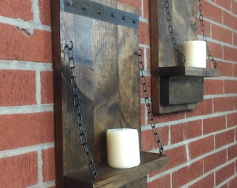 Set of 2 Wooden Rustic Sconces with 2 Pillar Candles Handmade in the USA, Distressed Candle Lanterns That Hang on a Wall