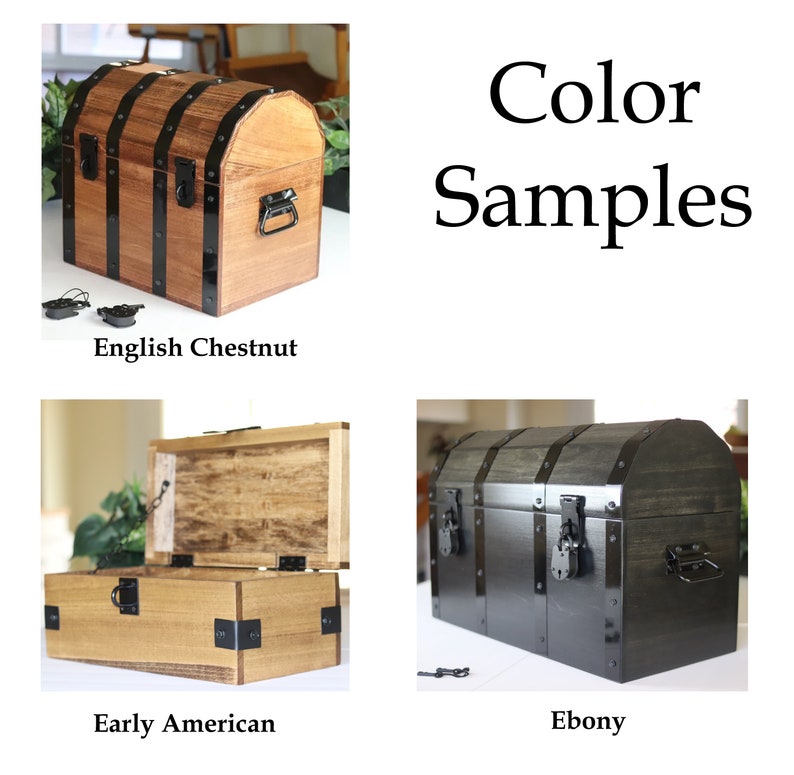 May include: Color samples of a wooden treasure chest in English Chestnut, Early American, and Ebony finishes. The chests have black metal accents and hardware.