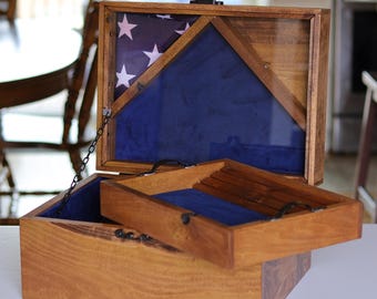 Military Shadow Box Display Chest: Challenge Coin Holder & Flag