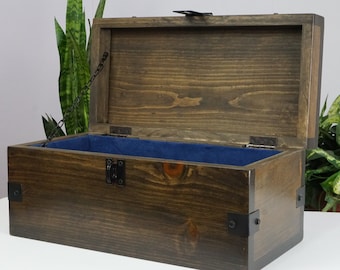 Wooden Treasure Chest With Felt Lining For Storage, Kids Wooden Toy Chest, Authentic Antique Wooden Trunk Used As Memory Box, Jewelry Chest