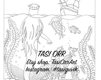 Mermaid // Coloring page // Digital print for instant download