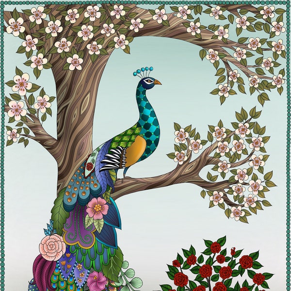 Peacock and Peahen in Garden // Coloring page // Digital print for instant download