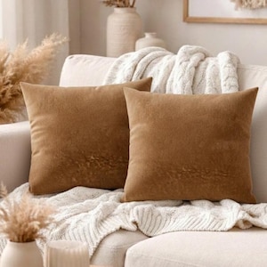 May include: Two square, brown throw pillows with a textured surface rest on a cream-colored sofa. A white knitted blanket is draped over the sofa. Decorative vases and dried plants are visible in the background, creating a cozy, neutral-toned living space.