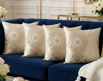 Set med 4 krämfärgade kuddfodral i jacquard-damast | (18x18") 45 x 45 cm | Dold dragkedja | Leverans över hela världen