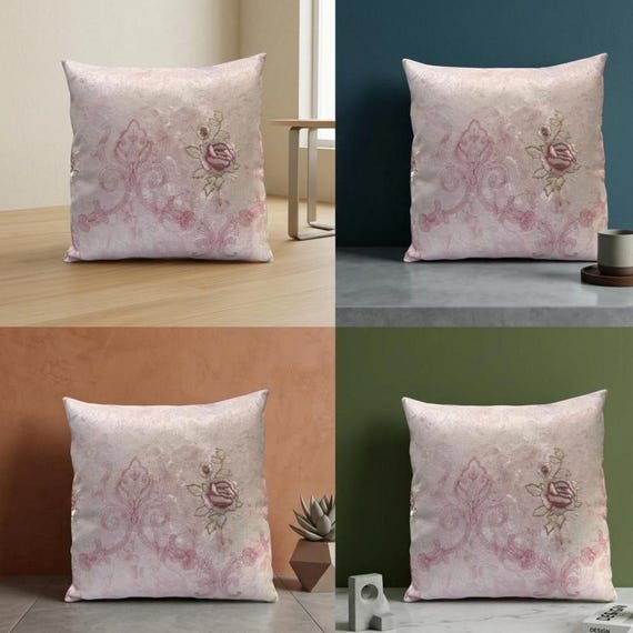 ピンクの花柄バラ刺繍ジャカードクッションカバー – ハンドメイド