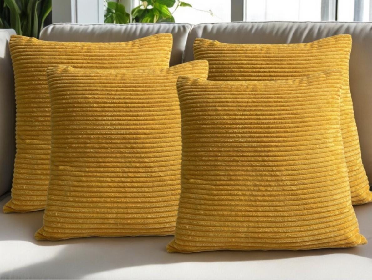 Set Of 4 Super Soft Corduroy Cushions - 18x18 Inch (45x45cm), Filled, Striped, Machine Washable