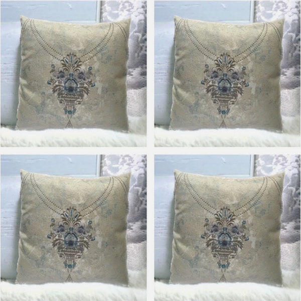 Set of 4 Filled Textured Sky Blue Cream Flower Embroidery Cushion Covers Fine Quality Fabric Soft Pillowcases 18x18" 45x45cm