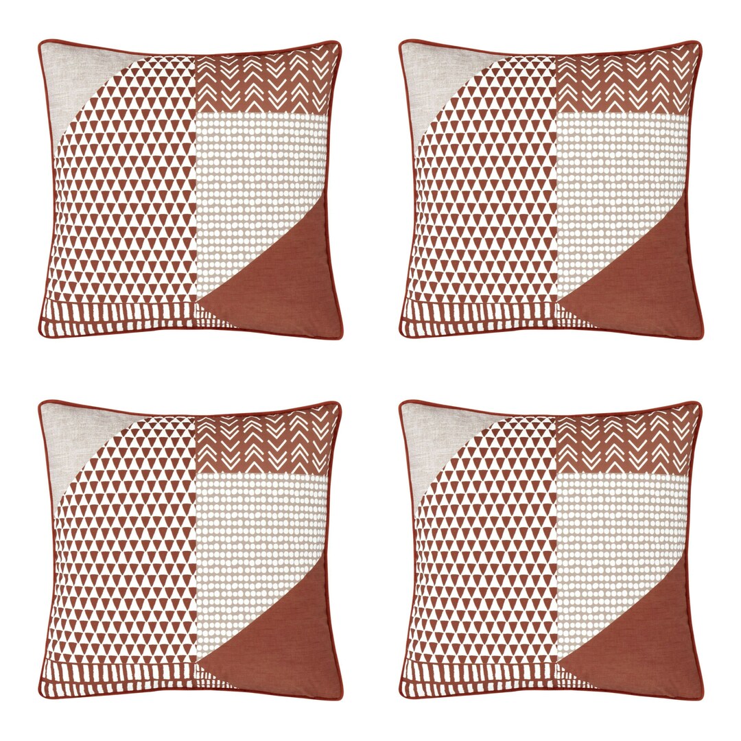 Set of 4 Terracotta Brown Burgundy Cream Geometric Velvet Cushion